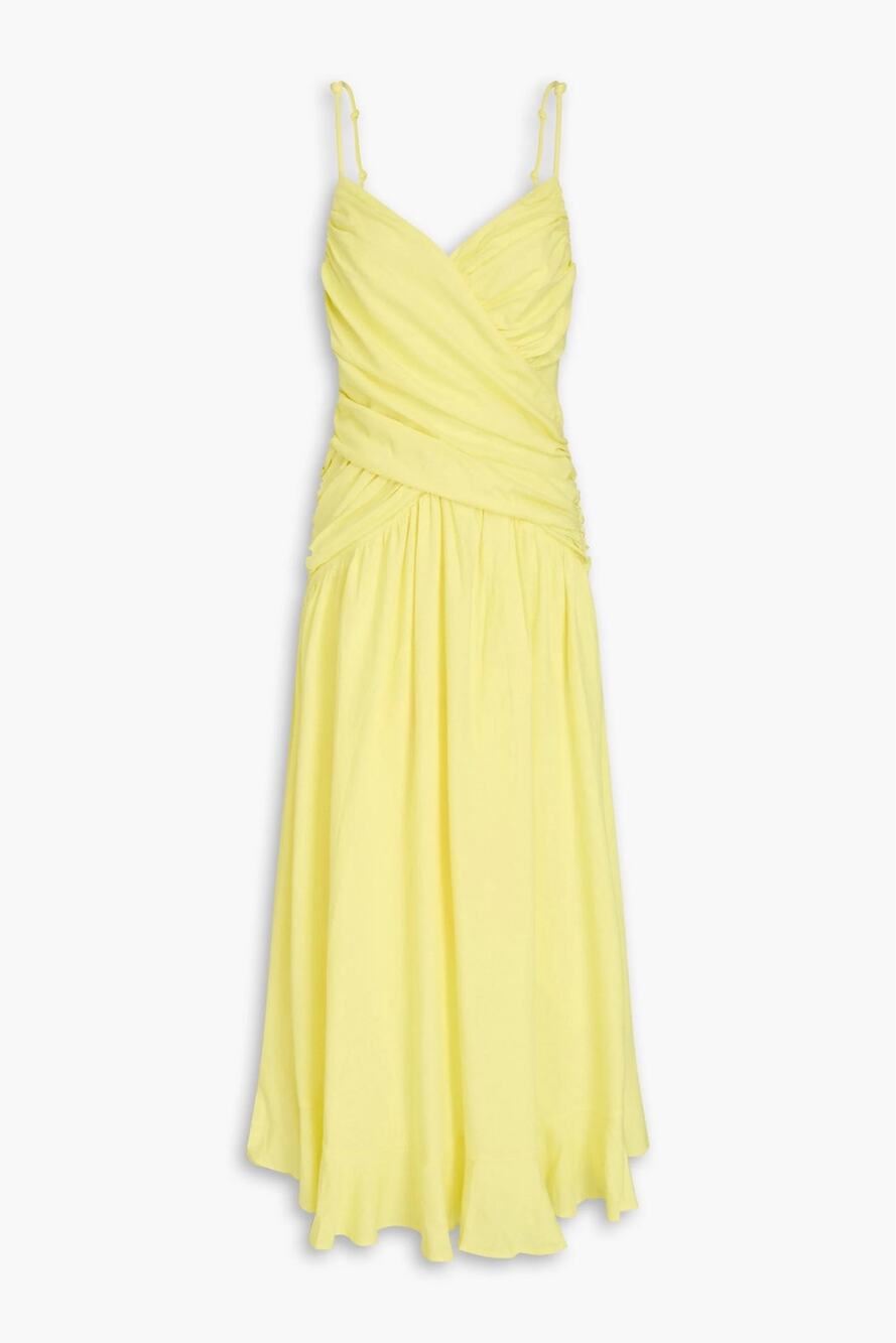 FARM Rio Yellow Ruched Cross-Over Linen-Blend Maxi Dress - Size L